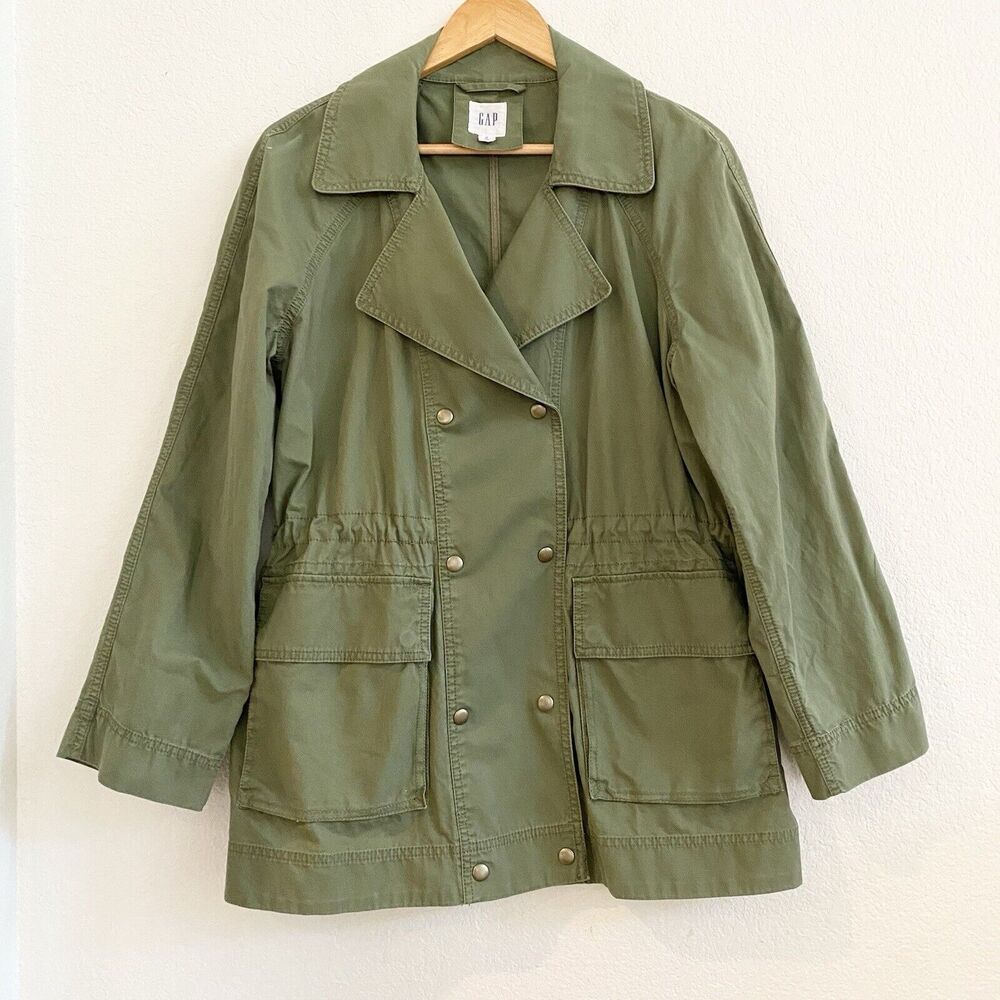 Gap Womens M Double Breasted Military Style Collared Army‎ Green Snap Jacket